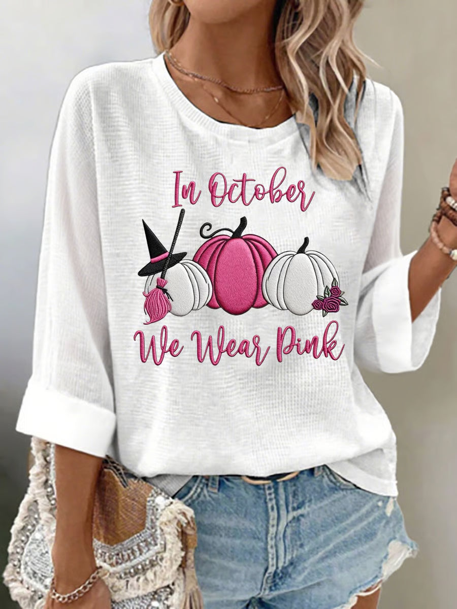 Women's casual pink pumpkin waffle long-sleeved T-shirt
