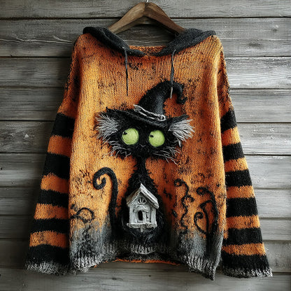 Halloween Black Cat And Castle Embroidered Knitted Warm Hooded Sweater