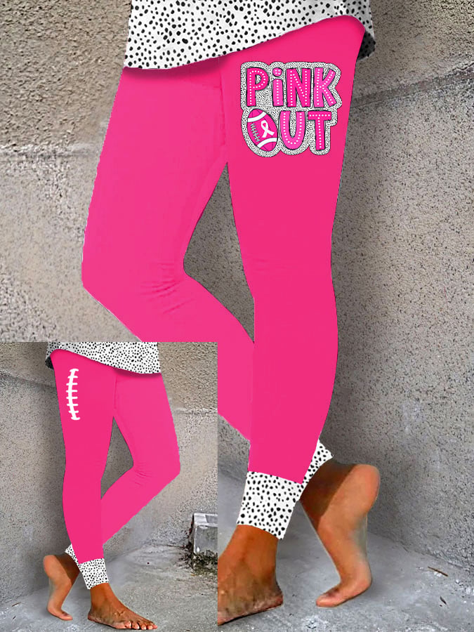 Women's Pink Out Football Breast Cancer Printed Yoga Leggings