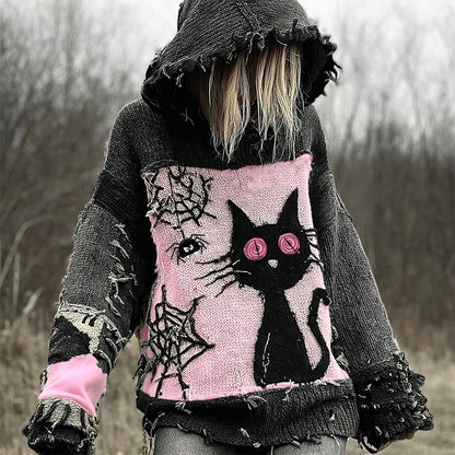 Halloween Scared Black Cat Patchwork Stitched Cozy Knit Hooded