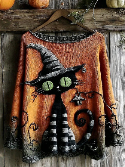Halloween Black Cat Knitted Crew Neck Sweater