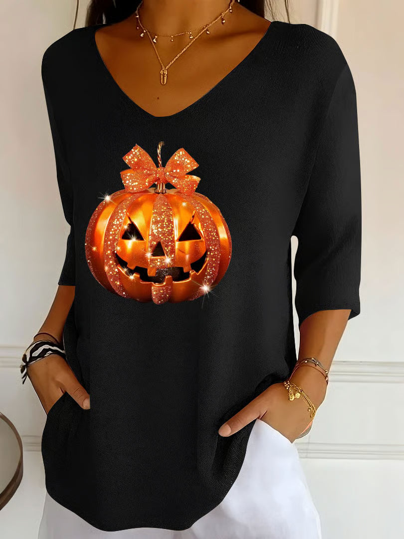 Women's Autumn Halloween Sequined Pumpkin Print V-Neck T-Shirt