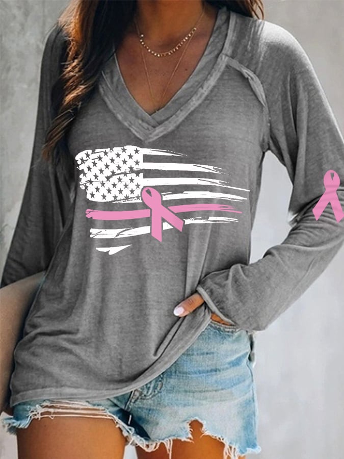 Women's Pink Ribbon Breast Cancer Awareness American Flag Long-Sleeve Top