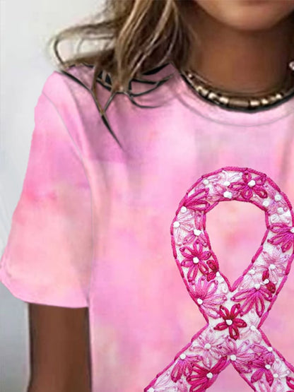 Women's Breast Cancer Awareness Flower Print Casual T-Shirt