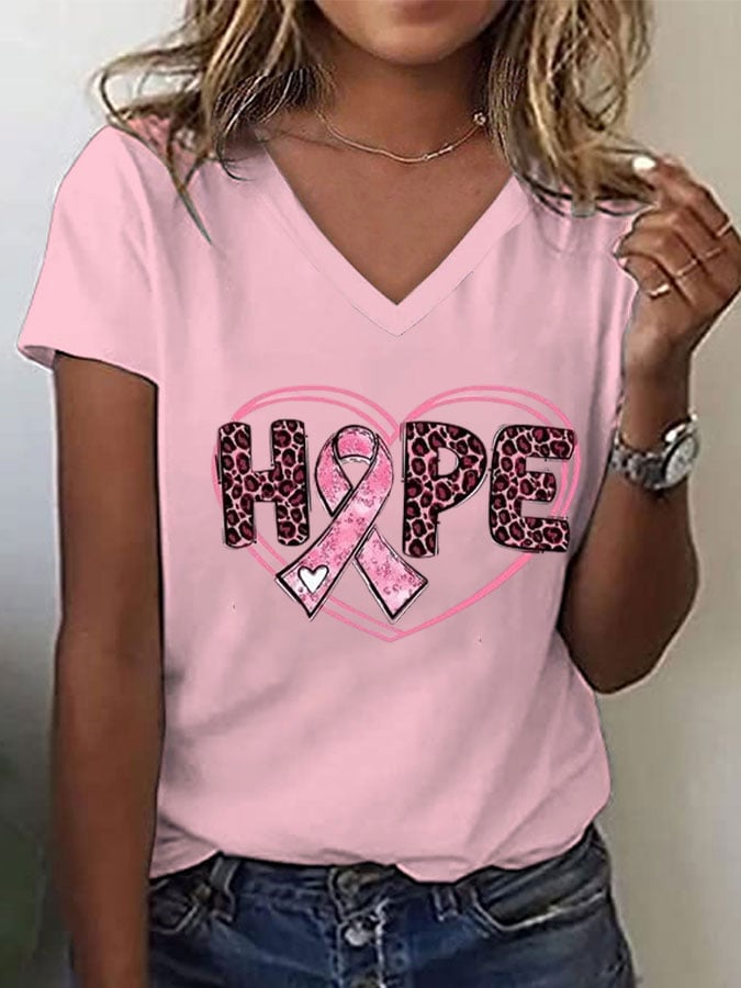 Women's Breast Cancer Awareness Hope Print V-Neck Tee