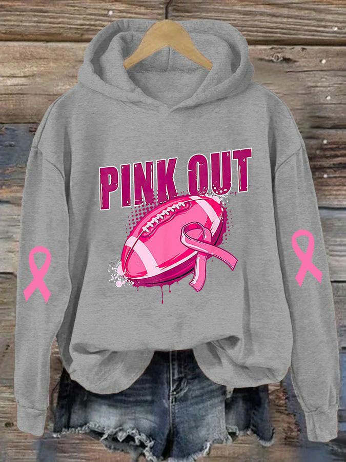 Women's Pink Out Breast Cancer Football Print Casual Hoodie