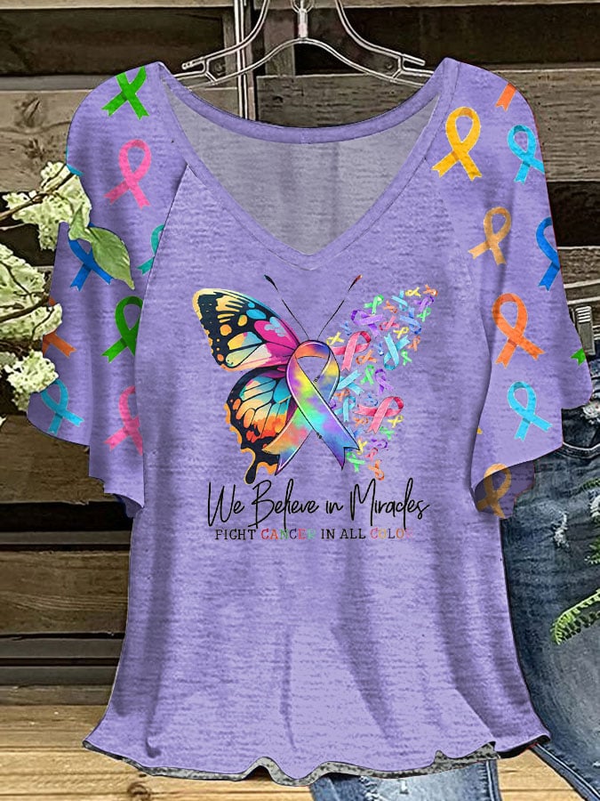 Women's Fight Cancer In All Colors Ruffle Sleeve T-Shirt