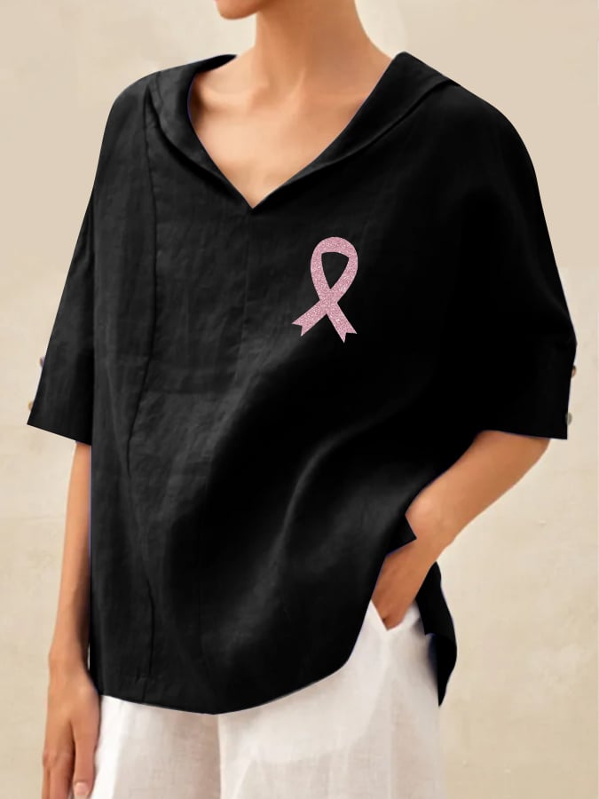 Womens Breast Cancer Awareness Print Linen Shirt