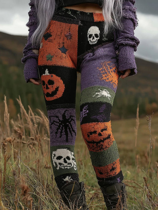 Women's Halloween Pumpkin Patchwork Cozy Leggings