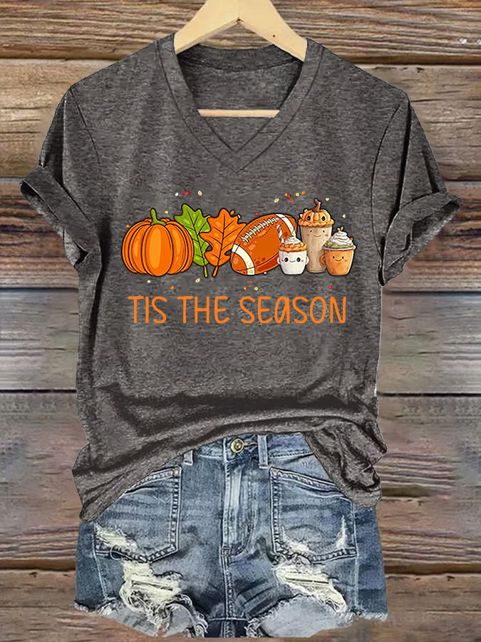 V-Neck Retro Tis The Season Pumpkin Spice Latte Pumpkin Maple Leaf Football Print T-Shirt