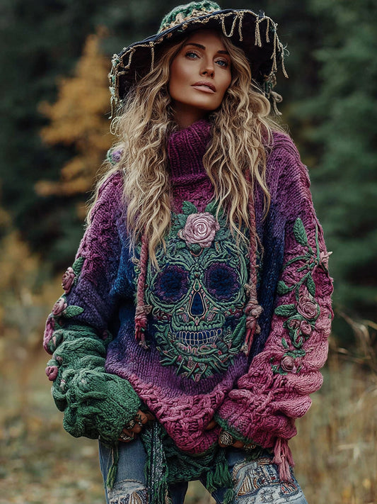 Women's Viking Tribal Jacquard Celtic With Rose And Skull Inspired Chunky Knit Turtleneck Sweater