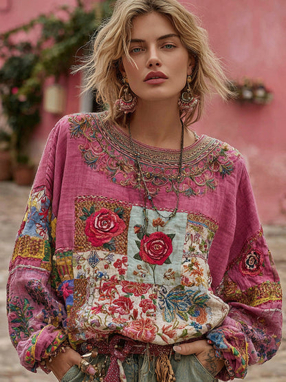 Women's Vintage Bohemian Rose And Floral Ethnic Embroidered Patchwork Linen Tunic