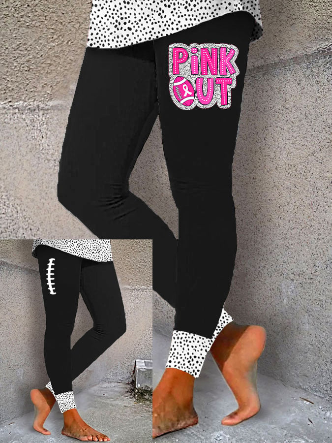 Women's Pink Out Football Breast Cancer Printed Yoga Leggings