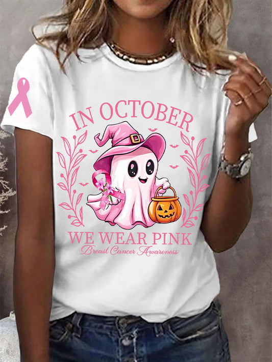 Women's In October We Wear Pink Halloween Ghost Breast Cancer Awareness Warrior Tee