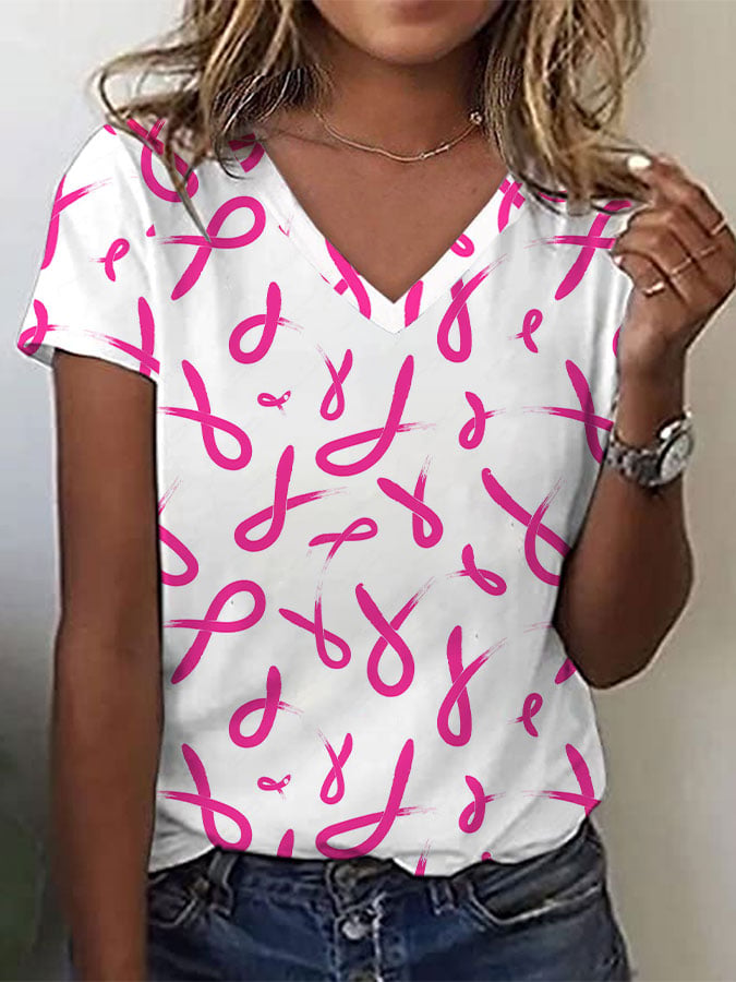 Women's Breast Cancer Pink Ribbon Print V Neck T-Shirt