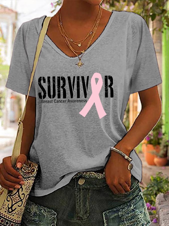 Women's Breast Cancer SURVIVOR Ribbon Print T-Shirt