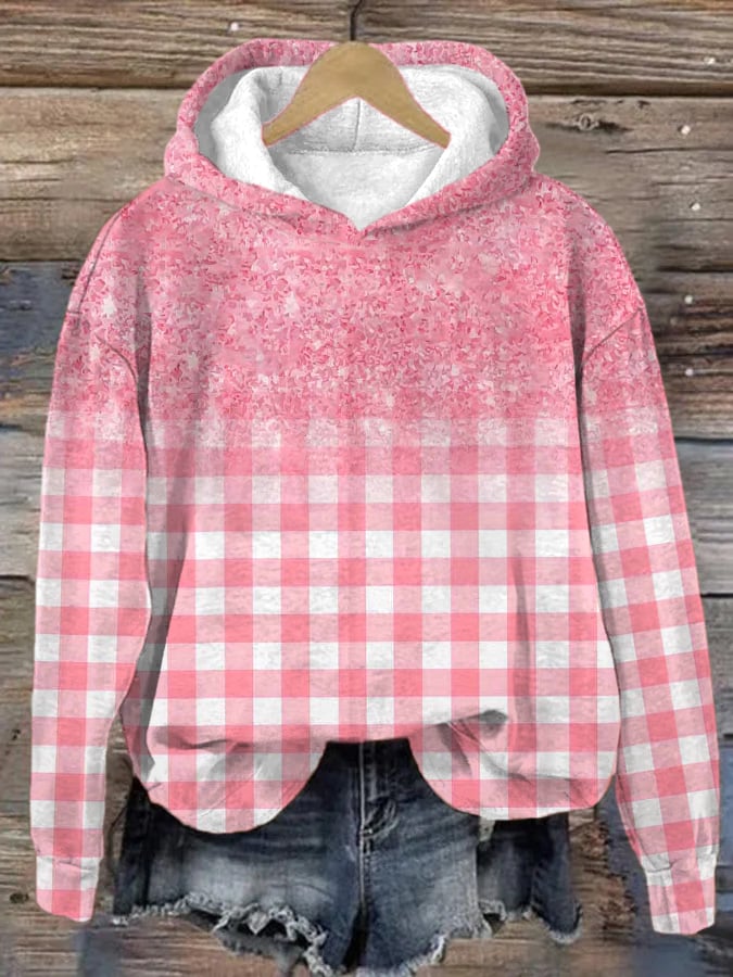 Women's Pink Plaid Casual Hoodie