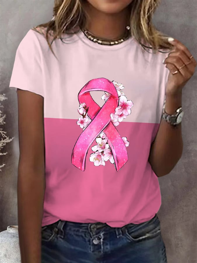 Women's Breast Cancer Floral Ribbon Print T-Shirt