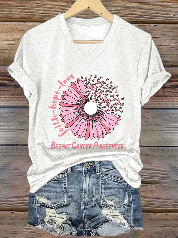 Women's Breast Cancer Awareness Print V Neck T-shirt