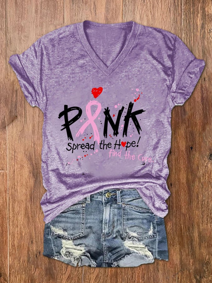 Women's Pink Spread The Hope Find The Cure Print V-Neck T-Shirt