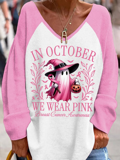 Women's In October We Wear Pink Halloween Ghost Breast Cancer Awareness Warrior V-Neck Top