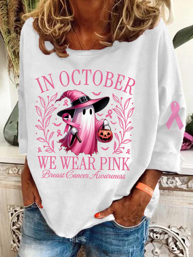 Women's In October We Wear Pink Halloween Ghost Breast Cancer Awareness Warrior Top
