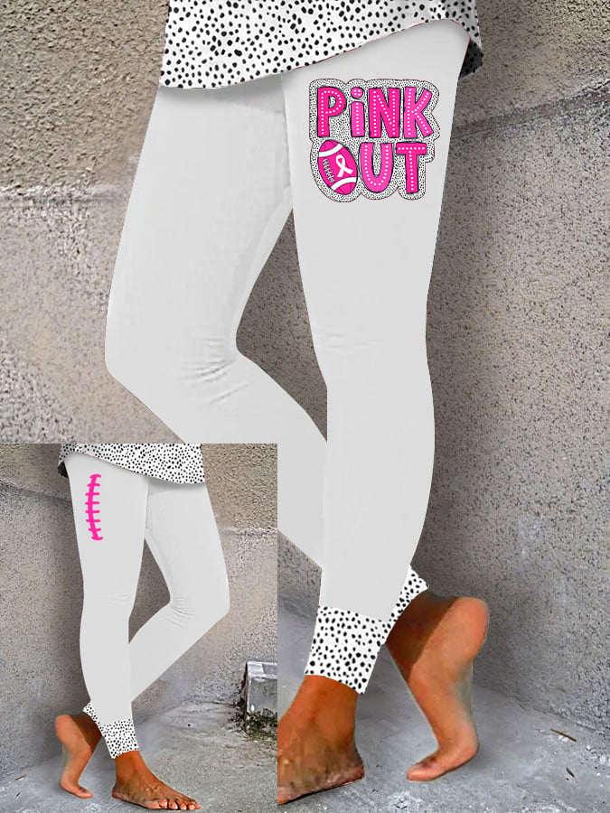 Women's Pink Out Football Breast Cancer Printed Yoga Leggings