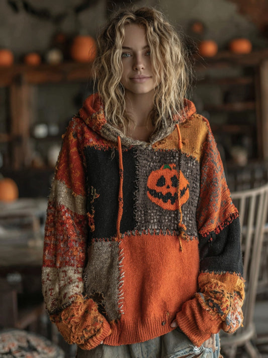 Halloween Pumpkin Patchwork Stitched Cozy Knit Hooded