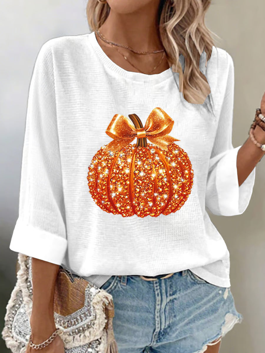 Women's Autumn Sequin Pumpkin Print Waffle Fabric 3/4 Sleeve Top