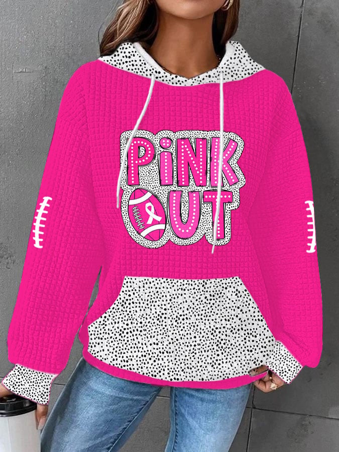 Women's Pink Out Football Breast Cancer Print Waffle Hooded Sweatshirt