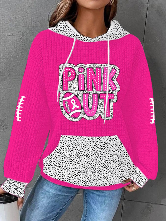 Women's Pink Out Football Breast Cancer Print Waffle Hooded Sweatshirt