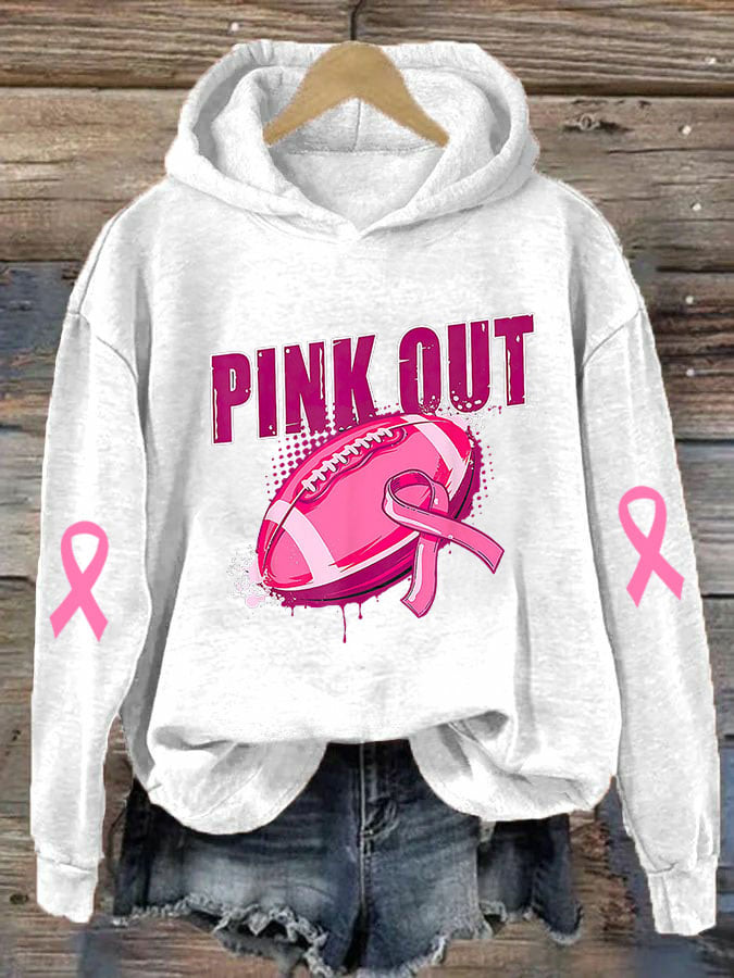 Women's Pink Out Breast Cancer Football Print Casual Hoodie