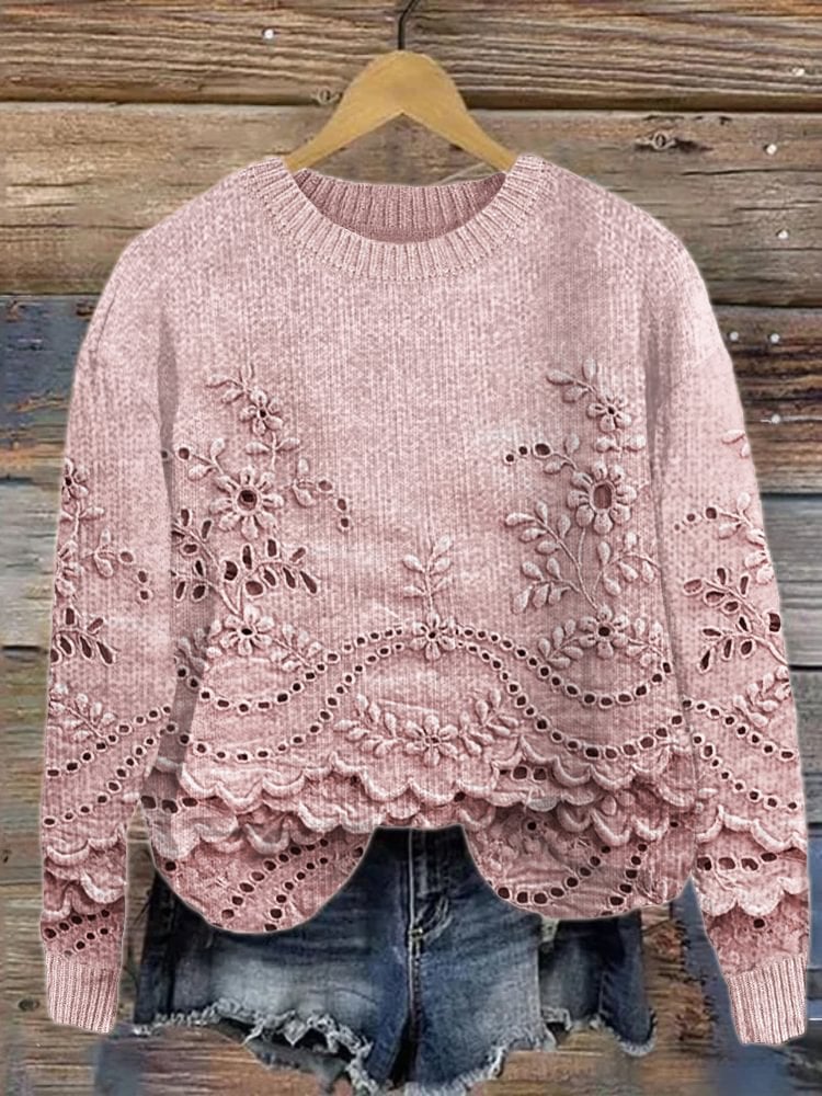 Women'S Retro 3d Floral Cozy Knitted Sweater