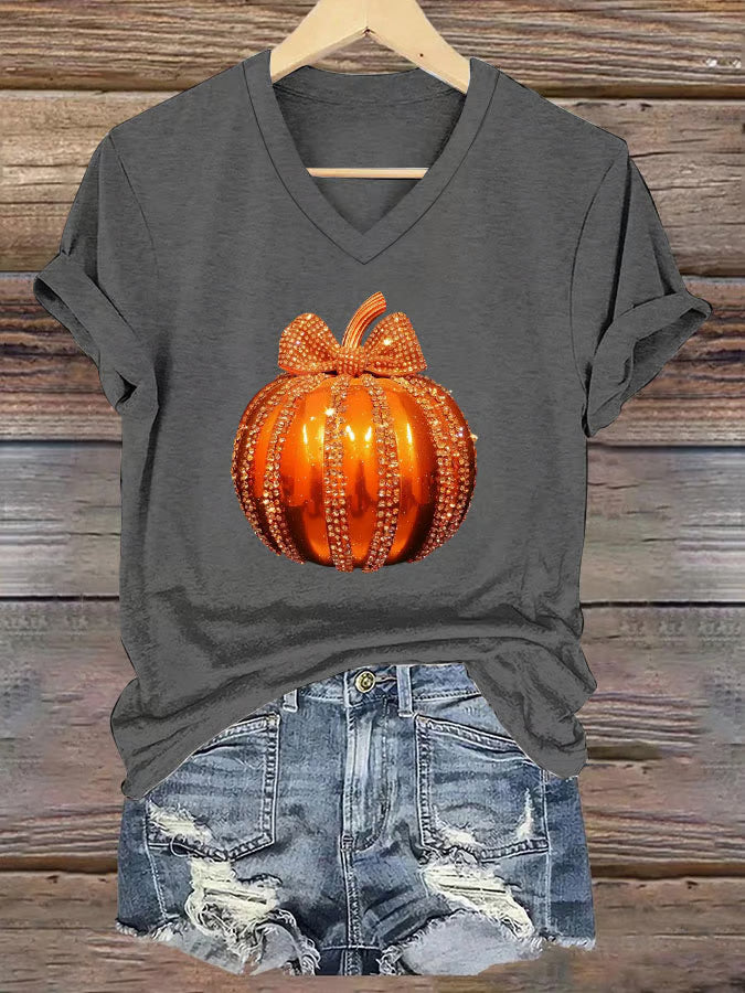 Women's Autumn Sequined Pumpkin Print V-Neck Short Sleeve T-Shirt