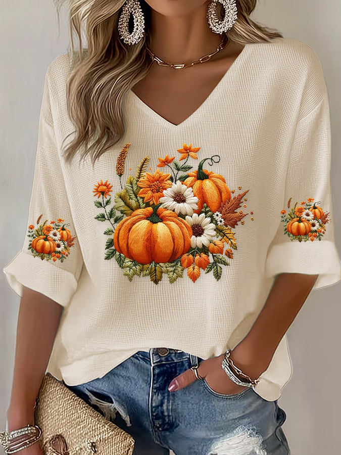 Women's Casual Autumn Pumpkin Waffle Long Sleeve T-shirt
