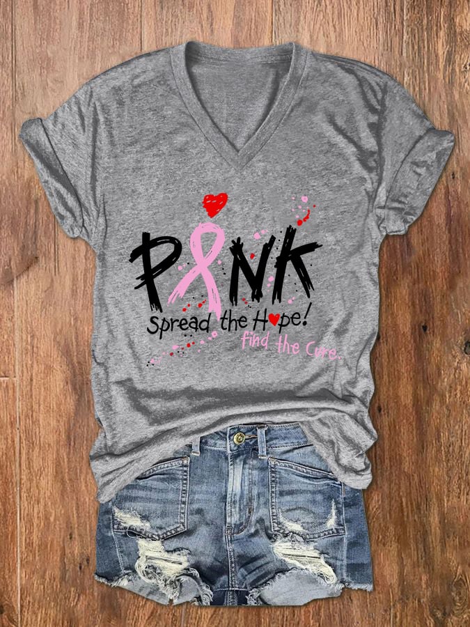 Women's Pink Spread The Hope Find The Cure Print V-Neck T-Shirt