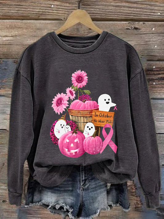 Breast Cancer Awareness Ghost  In October We Wear Pink Print Sweatshirt