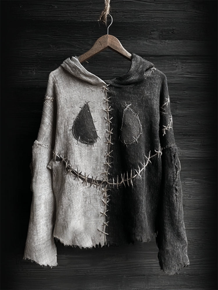 Halloween Spooky Face Contrast Stitched Linen Hoodie