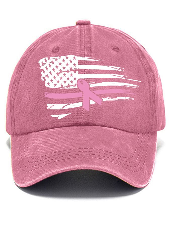 Women's Pink Ribbon American Flag Breast Cancer Awareness Warrior Hat