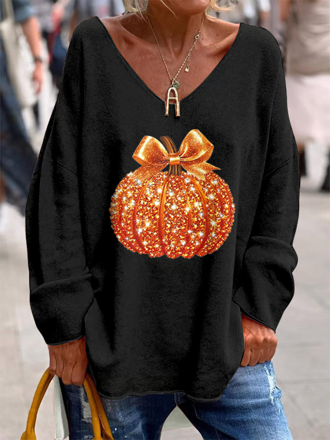 Women's Autumn Sequin Pumpkin Print Casual V-Neck Top