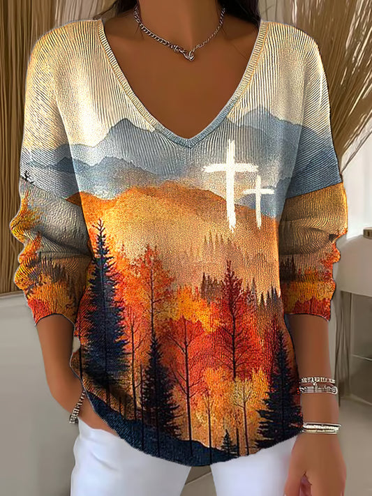 Women's Casual Autumn Forest Faith Cross Print Long Sleeve T-shirt