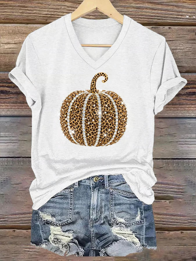 Women's Autumn Rhinestone Pumpkin Print V-Neck Short-Sleeved T-Shirt