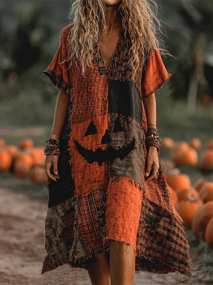Vintage Halloween Pumpkin Face Patchwork Art Linen Midi Dress