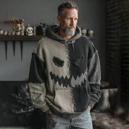 Men's Halloween Spooky Face Colorblock Stitched Hooded Cozy Knit Sweater