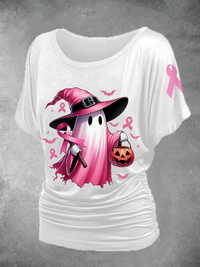 Women's Pink Halloween Ghost Breast Cancer Awareness Warrior Dolman Sleeve Smocked Top