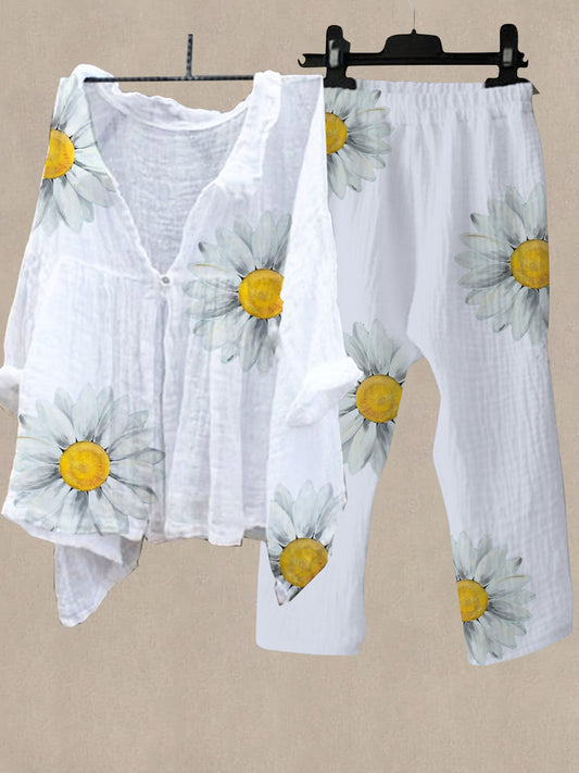 Women's Sunflower Print Shirt Collar Top And Casual Pants Linen Two Pieces
