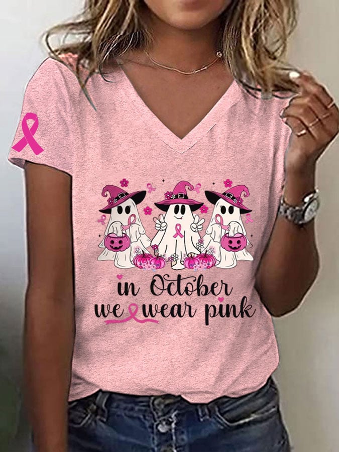 Women's Breast Cancer Awareness In October We Wear Pink Pumpkins and Ghost Pink Ribbon Print T-Shirt