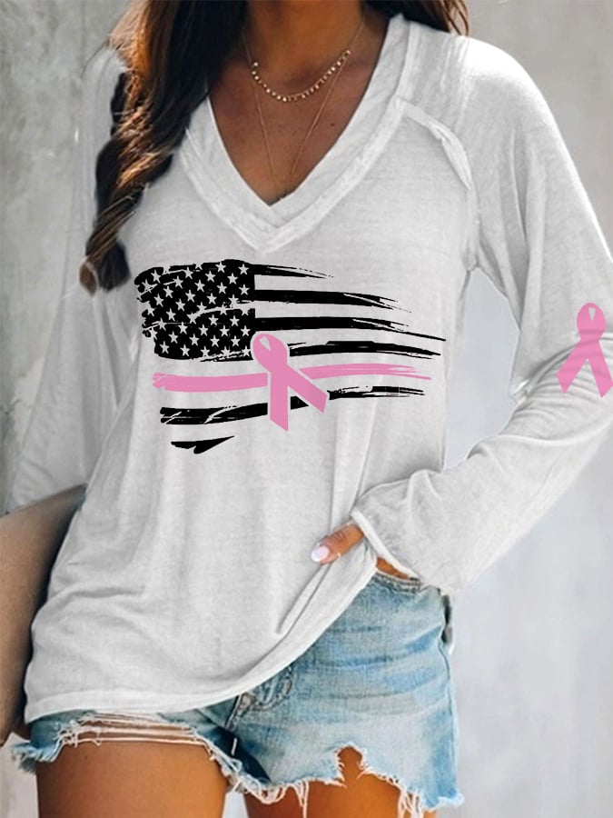 Women's Pink Ribbon Breast Cancer Awareness American Flag Long-Sleeve Top
