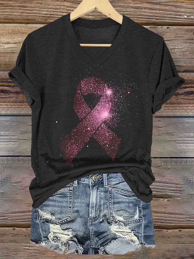 Women's Pink Ribbon Breast Cancer Awareness Print V-Neck T-Shirt