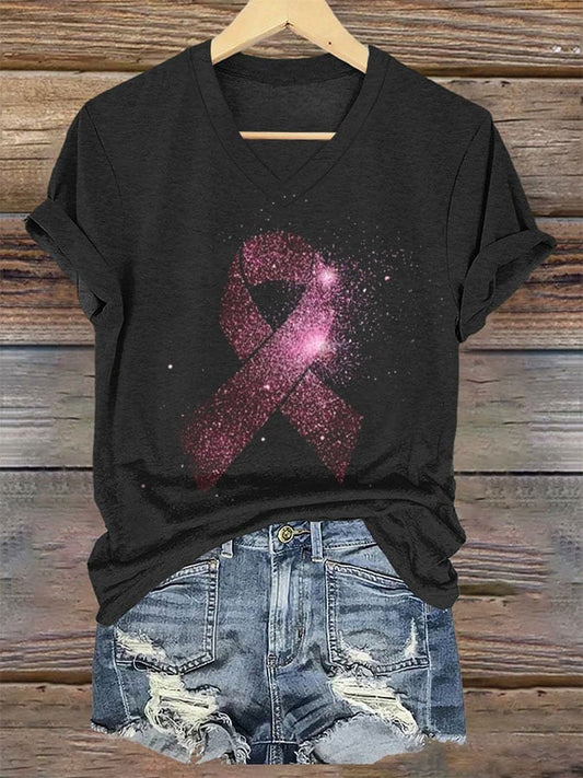 Women's Pink Ribbon Breast Cancer Awareness Print V-Neck T-Shirt